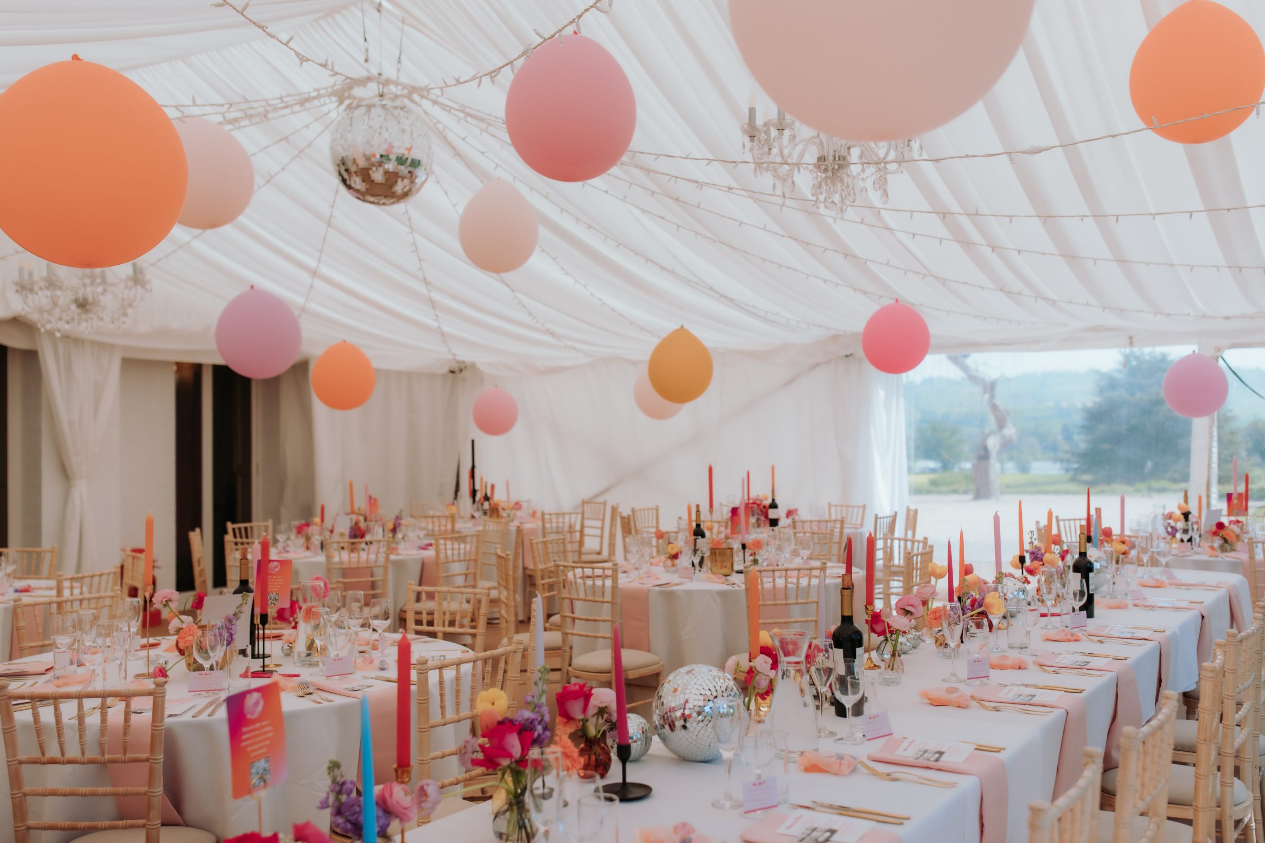 colourful balloons hanging from marquee