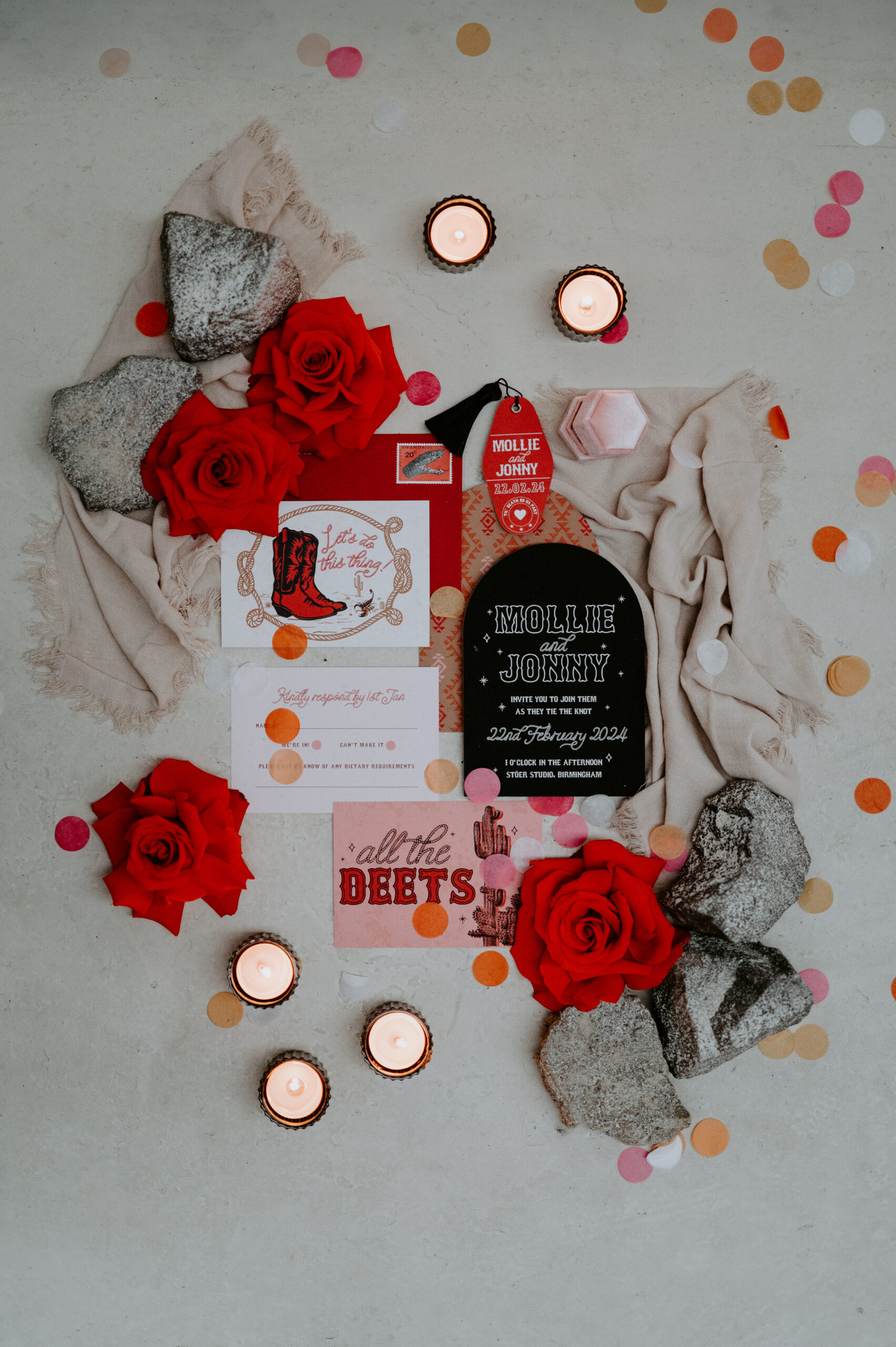pink and red cowboy inspired wedding stationery